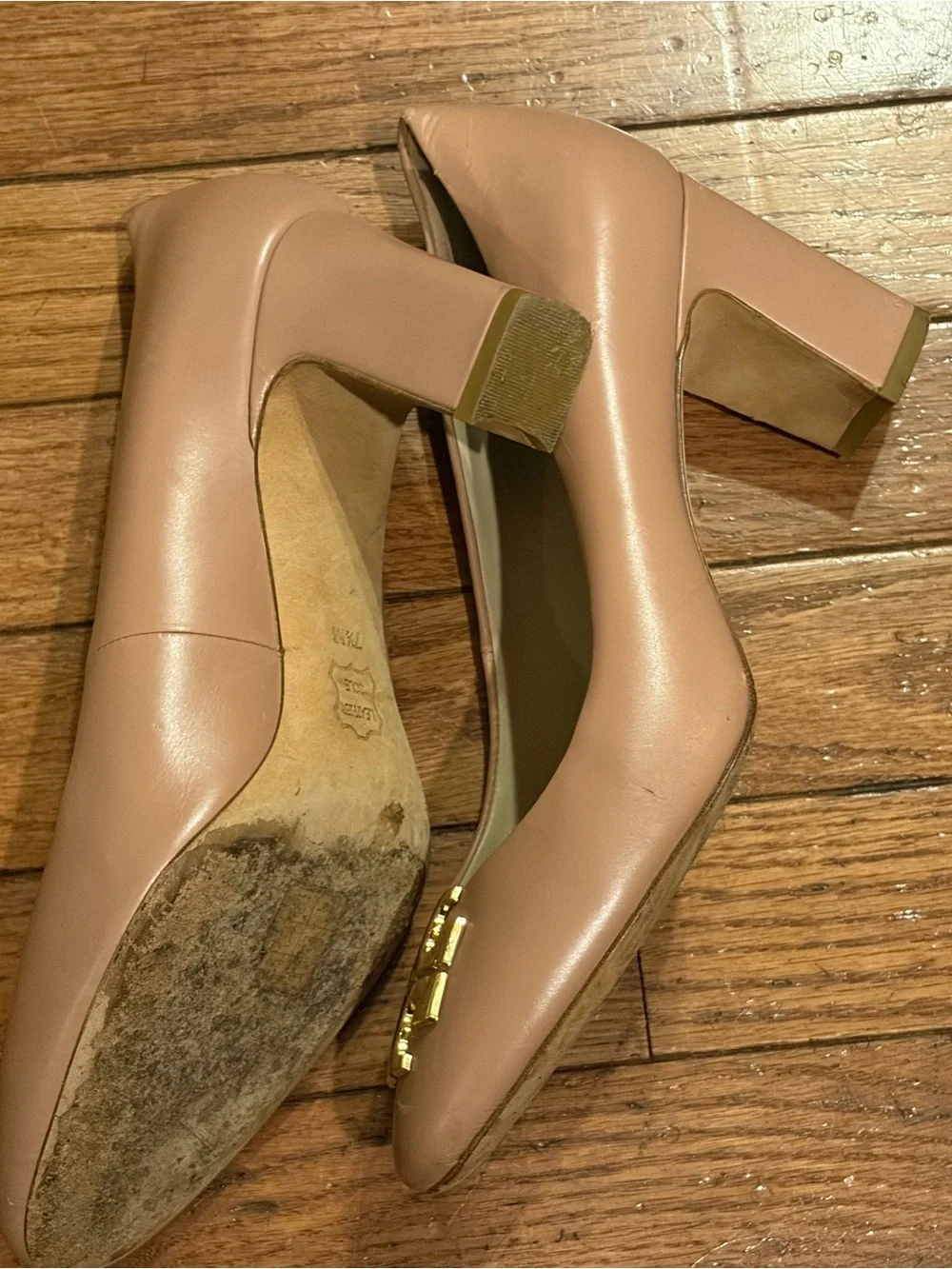 Tory Burch Blush Beige Leather Block Heel Pumps with Gold Logo